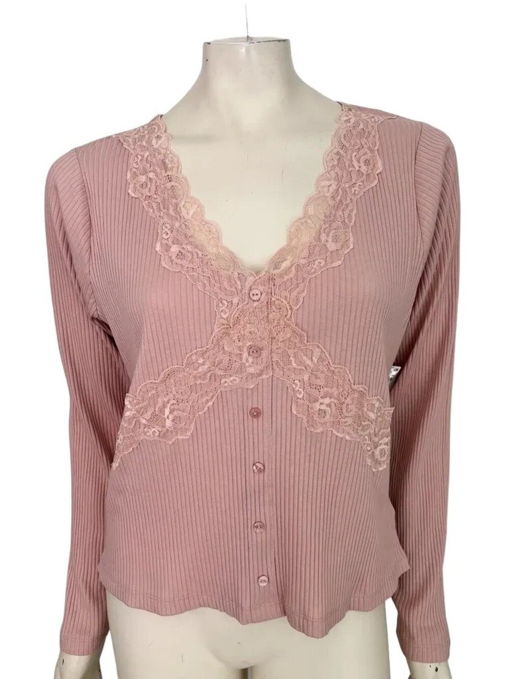 NWT OLD NAVY Lace Trim V-neck Ribbed Top Petal Pink Y2K Coquette Babydoll SZ XL